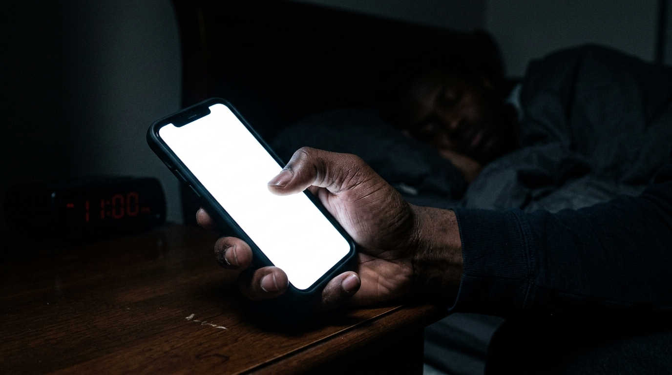 Hand holding phone in dark room at 11pm